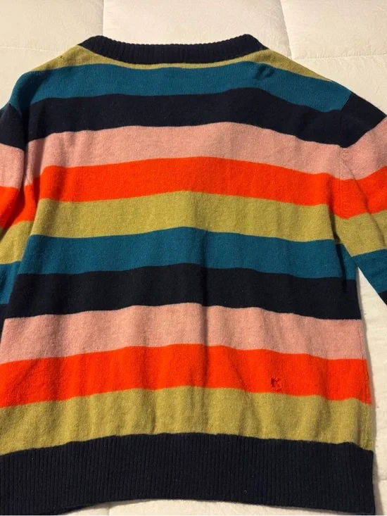 KULE Navy-Trim Striped V-Neck Cardigan in Coral, Teal & Olive - Picture 7 of 15